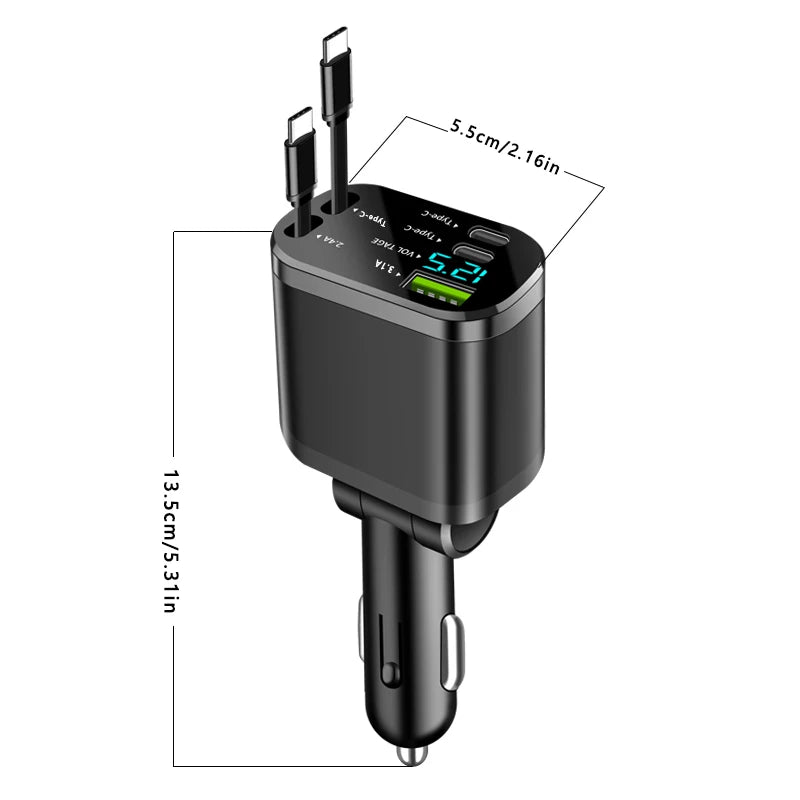 Chargeur voiture avec câble rétractable – Charge rapide PD, 5-en-1