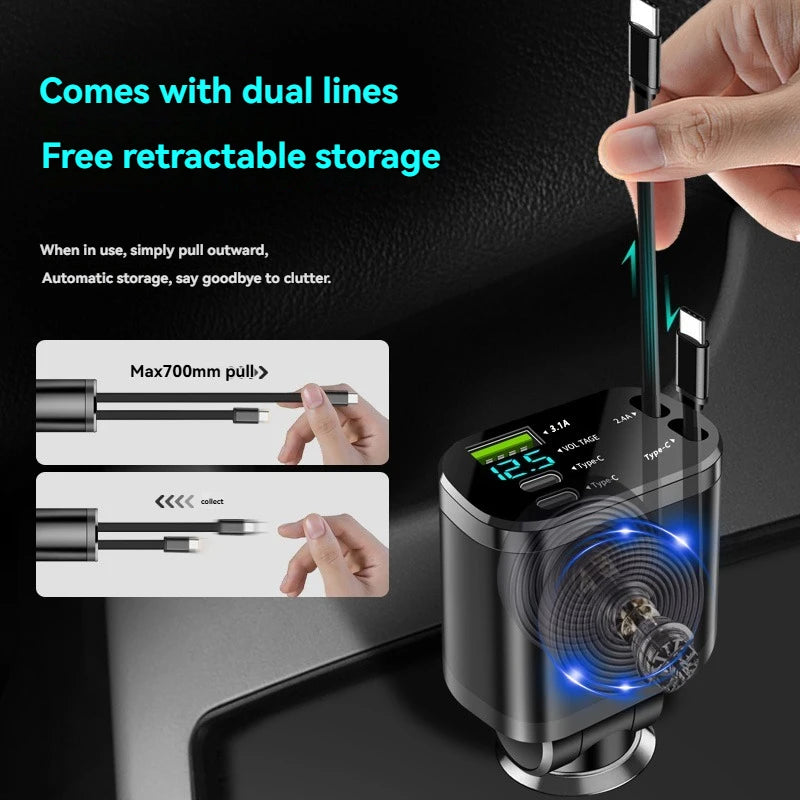 Chargeur voiture avec câble rétractable – Charge rapide PD, 5-en-1