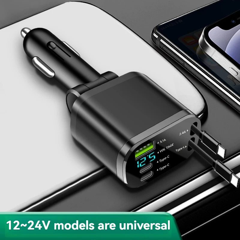 Chargeur voiture avec câble rétractable – Charge rapide PD, 5-en-1