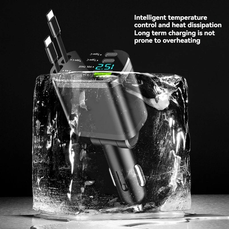 Chargeur voiture avec câble rétractable – Charge rapide PD, 5-en-1