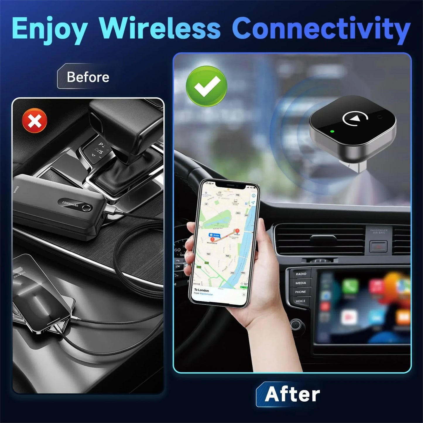 Adaptateur CarPlay & Android Auto Sans Fil – Plug & Play Universel