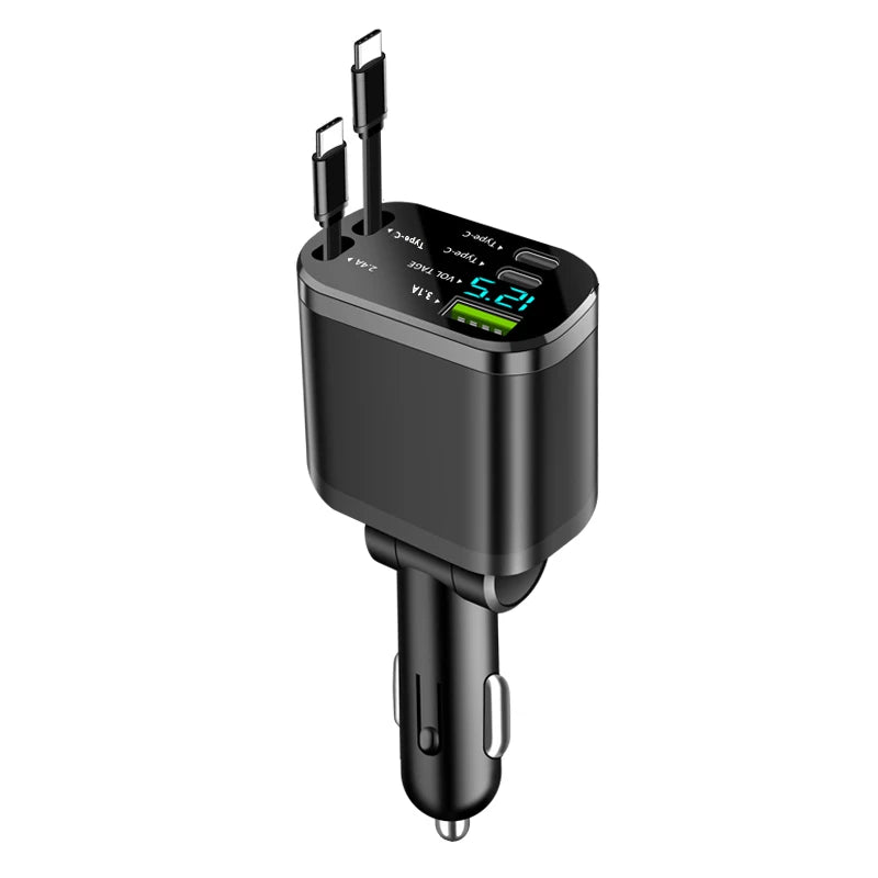 Chargeur voiture avec câble rétractable – Charge rapide PD, 5-en-1