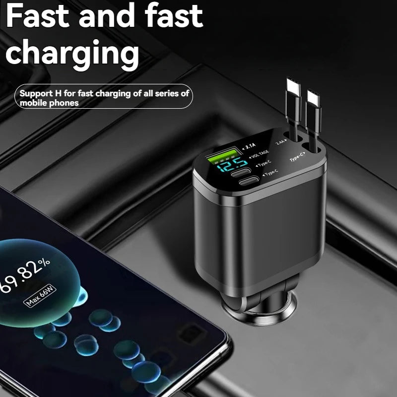 Chargeur voiture avec câble rétractable – Charge rapide PD, 5-en-1