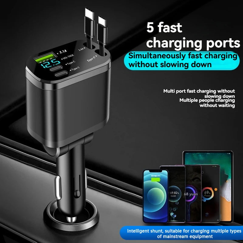 Chargeur voiture avec câble rétractable – Charge rapide PD, 5-en-1