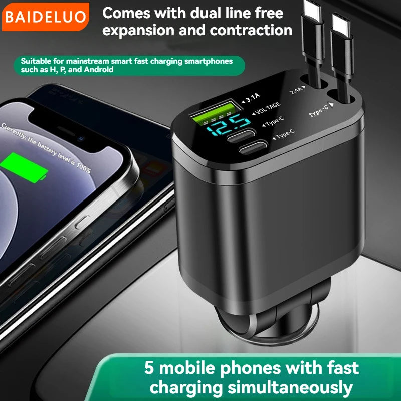 Chargeur voiture avec câble rétractable – Charge rapide PD, 5-en-1