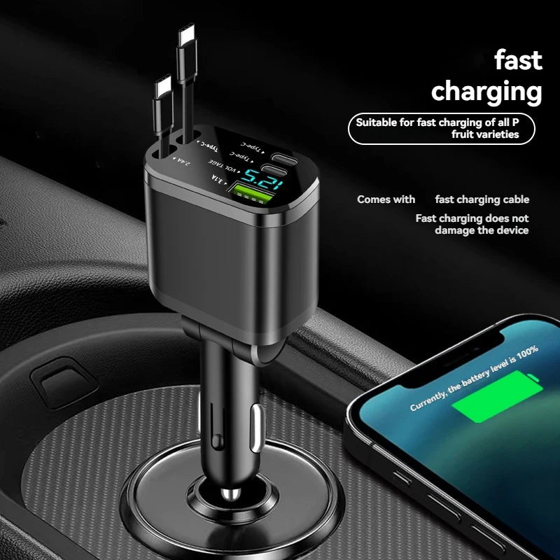 Chargeur voiture avec câble rétractable – Charge rapide PD, 5-en-1