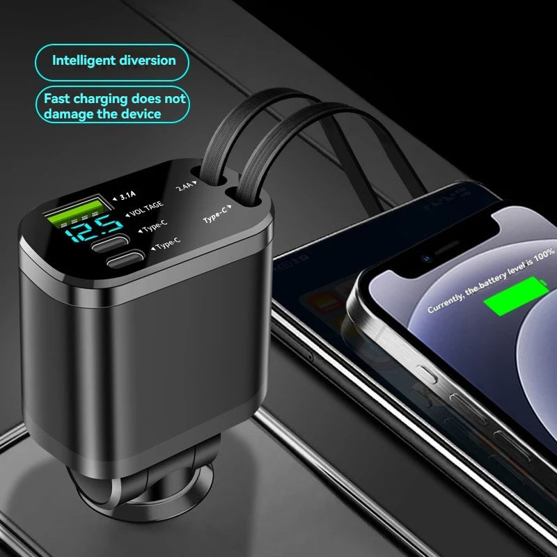Chargeur voiture avec câble rétractable – Charge rapide PD, 5-en-1