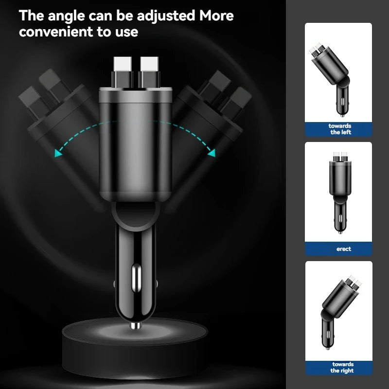 Chargeur voiture avec câble rétractable – Charge rapide PD, 5-en-1